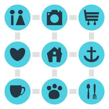 9 harita simgeler vektör Illustration. Pazar, tuvalet, kamera ve diğer simge öğeleri düzenlenebilir kümesi.