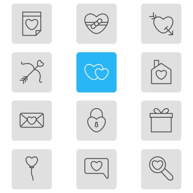 12 amour simgeler çizgi stili vektör Illustration. Aşk, posta, yay ve diğer simge öğeleri düzenlenebilir kümesi.