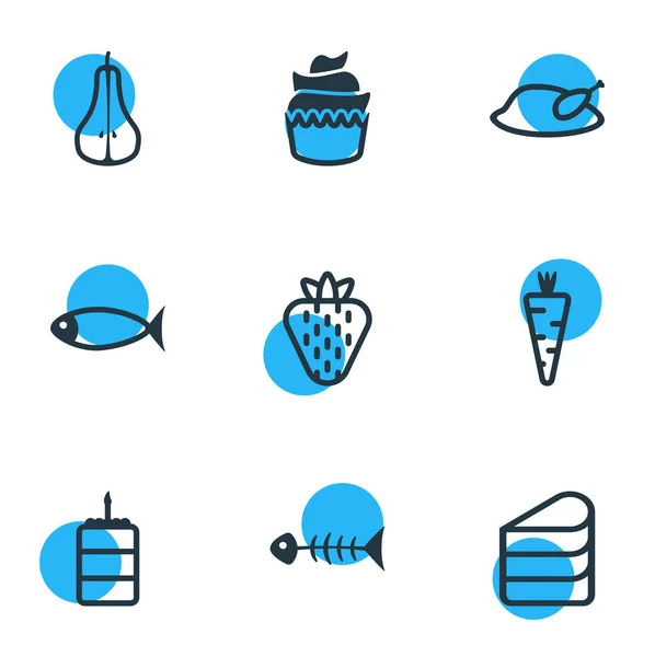 Ilustración vectorial de 9 iconos de comer estilo de línea. Conjunto editable de mitad de pera, zanahoria, pescado y otros elementos del icono . — Archivo Imágenes Vectoriales
