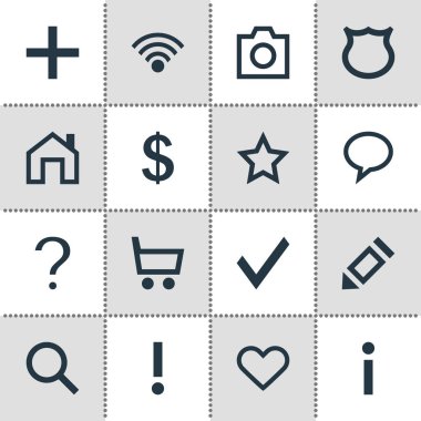 16 arabirim simgeler vektör Illustration. Arama, uyarı, mesaj kabarcık ve diğer simge öğeleri düzenlenebilir kümesi.