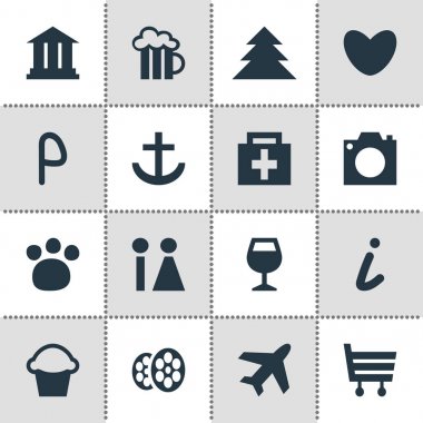 16 harita simgeler vektör Illustration. Akademi, işaret, tuvalet ve diğer simge öğeleri otopark düzenlenebilir kümesi.