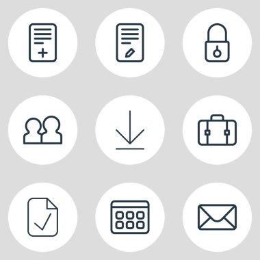 9 office simgeleri çizgi stili vektör Illustration. Onayla, posta, takvim ve diğer simge öğeleri düzenlenebilir kümesi.