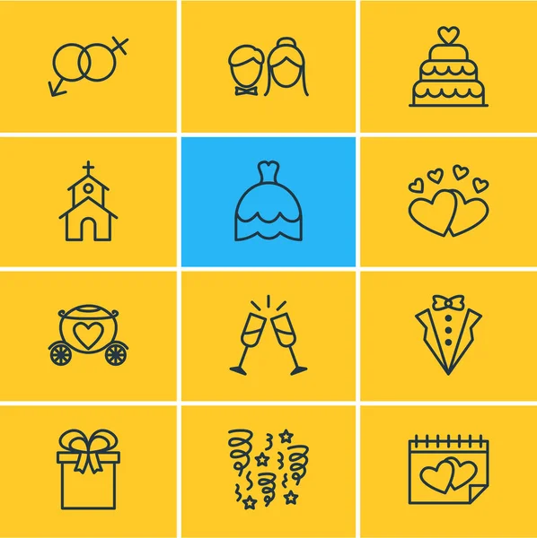 Ilustración de 12 iconos de matrimonio estilo de línea. Conjunto editable de corazones, pastel de bodas, fuegos artificiales y otros elementos del icono . —  Fotos de Stock