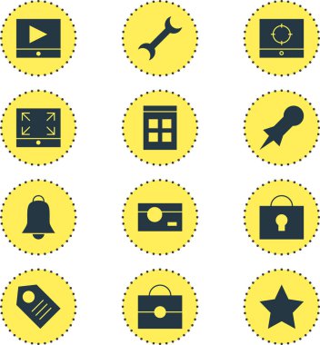 12 web simgeler vektör Illustration. Takvim, video oynatıcı, tam ekran ve diğer simge öğeleri düzenlenebilir kümesi.