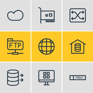 9 web simgeler çizgi stili vektör Illustration. Bulut depolama, denetleyicisi, sistem ve diğer simge öğeleri düzenlenebilir kümesi.