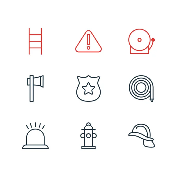 Vectorillustratie van 9 noodgevallen pictogrammen lijnstijl. Helm, sirene, hydrant en andere elementen van het pictogram bewerkbaar set. — Stockvector