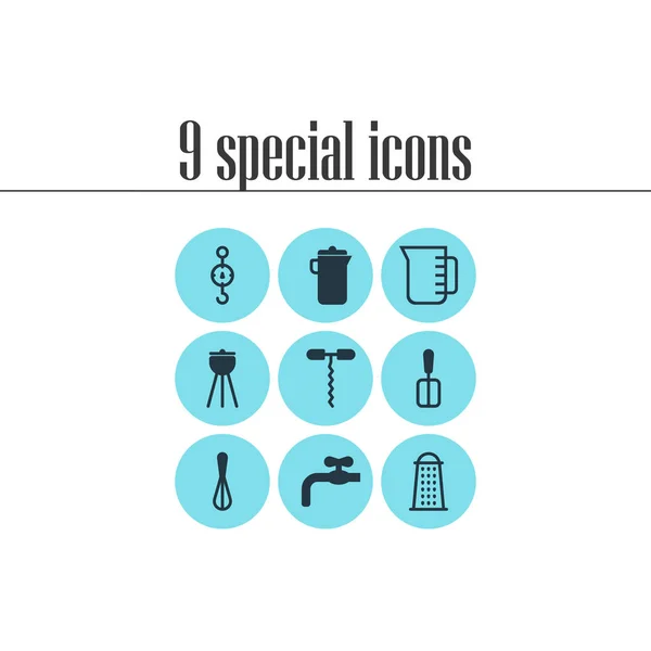 Ilustración vectorial de 9 iconos de utensilios de cocina. Conjunto editable de obras de agua, batidor, jarra y otros elementos del icono . — Vector de stock