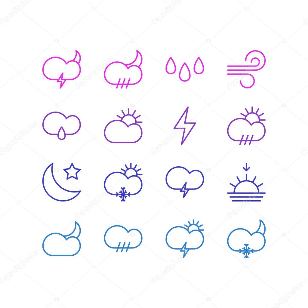Vector illustration of 16 atmosphere icons line style. Editable set of crescent, snow, rain and other icon elements.