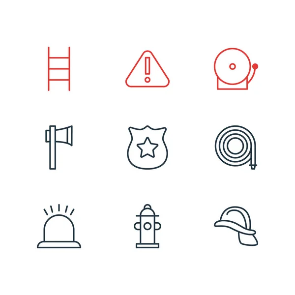 Illustratie van 9 extra pictogrammen lijnstijl. Helm, sirene, hydrant en andere elementen van het pictogram bewerkbaar set. — Stockfoto