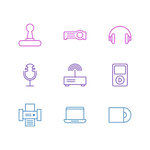 Illustration av 9 gadget ikoner linjeformat. Redigerbara uppsättning laptop, joystick, hörlurar och andra ikonen element. — Stockfoto