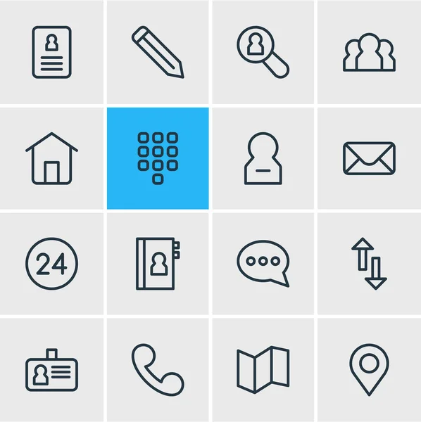 Ilustración de 16 iconos de la comunidad estilo de línea. Conjunto editable de botones, teléfono, servicio 24 horas y otros elementos del icono . — Foto de Stock