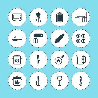 Vektör çizim simgeler pişirme 16. Mikrodalga, bıçak, blender ve diğer simge öğeleri düzenlenebilir kümesi.