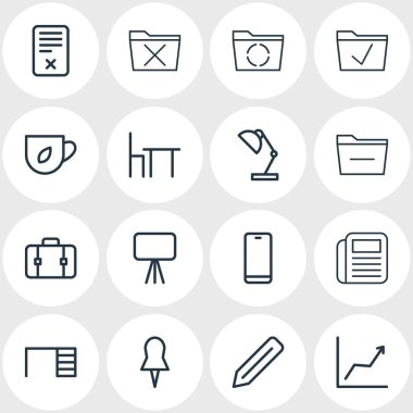 16 çalışma alanı simgeleri çizgi stili vektör Illustration. Gazete, çay, düzenlenebilir dizi eksi ve diğer simge öğeleri.