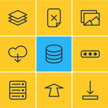 9 depolama simgeler çizgi stili vektör Illustration. Düzenlenebilir ok aşağı, itme, download ve diğer simge öğeleri kümesi.