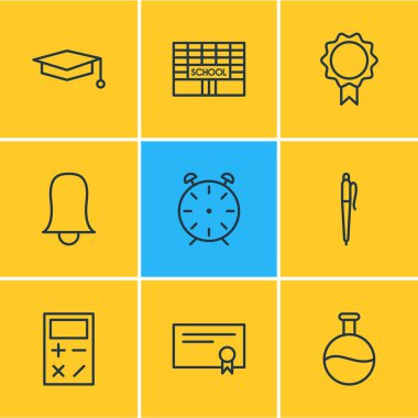 9 eğitim simgeler çizgi stili vektör Illustration. Flask, çan, kalem ve diğer simge öğeleri düzenlenebilir kümesi.