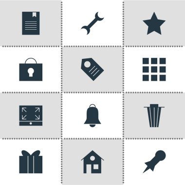 12 Internet simgeler vektör Illustration. Somun anahtarı, etiket, görünüm seçenekleri ve diğer simge öğeleri düzenlenebilir kümesi.