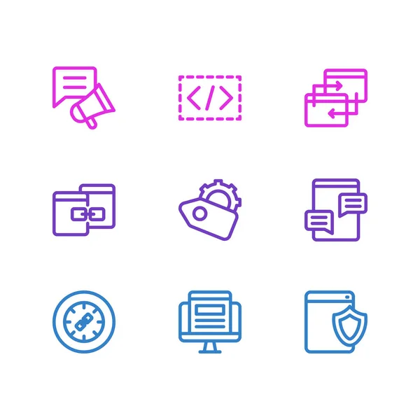 Ilustración vectorial de 9 iconos de marketing estilo de línea. Conjunto editable de codificación personalizada, rueda de enlace, campaña de redes sociales y otros elementos de icono . — Vector de stock