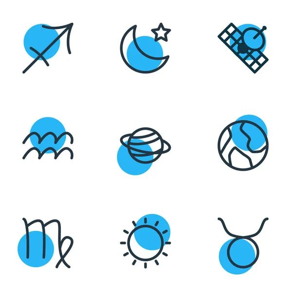 Ilustración vectorial de 9 iconos de constelación estilo de línea. Conjunto editable de sagitario, acuario, luna y otros elementos del icono . — Archivo Imágenes Vectoriales