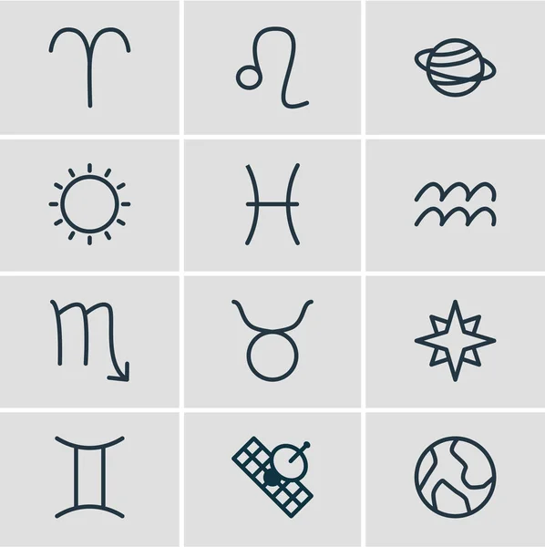 Ilustración vectorial de 12 iconos astrológicos estilo de línea. Conjunto editable de leo, sputnik, tierra y otros elementos del icono . — Vector de stock
