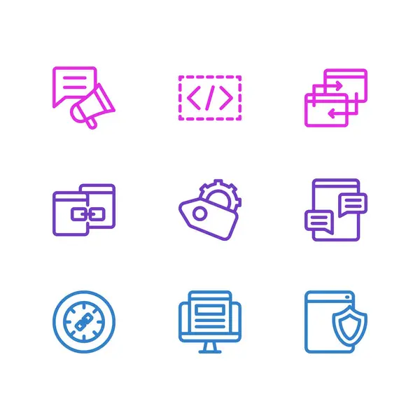 Ilustración de 9 iconos de publicidad estilo de línea. Conjunto editable de codificación personalizada, rueda de enlace, campaña de redes sociales y otros elementos de icono . — Foto de Stock