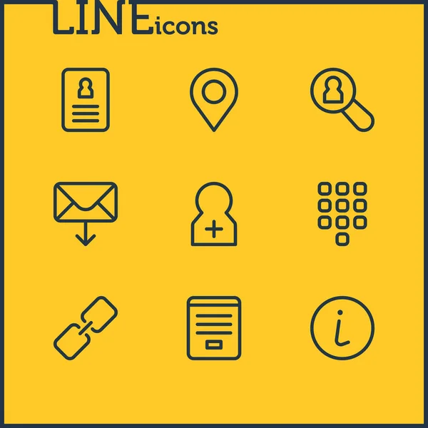 Ilustración de 9 iconos de la comunidad estilo de línea. Conjunto editable de botones, formulario de contacto, cuenta de registro y otros elementos del icono . —  Fotos de Stock