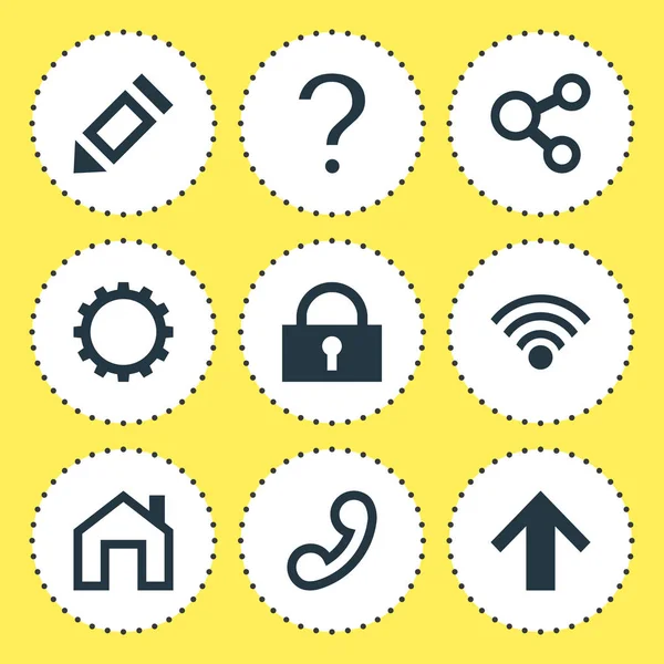 illustration of 9 user icons. Editable set of homepage, lock, guide and other icon elements.