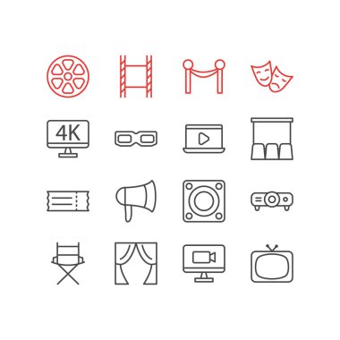 16 sinema simgeler çizgi stili vektör Illustration. Bariyer halatı, sinema, monitör ve diğer simge öğeleri düzenlenebilir kümesi.