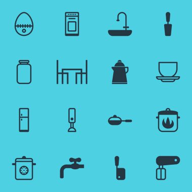 Vektör çizim simgeler pişirme 16. Su ısıtıcısı, soba, yumurta bölünmüş ve diğer simge öğeleri düzenlenebilir kümesi.