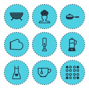 9 yemek simgeler vektör Illustration. Şef, blender, çay bardağı ve diğer simge öğeleri düzenlenebilir kümesi.