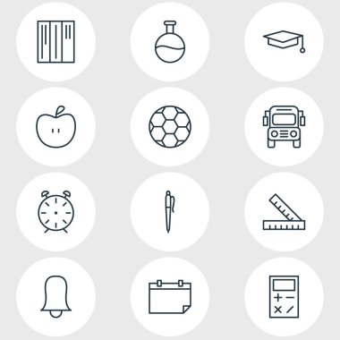 12 çalışmalar simgeler çizgi stili vektör Illustration. Kütüphane, kalem, hesap makinesi ve diğer simge öğeleri düzenlenebilir kümesi.