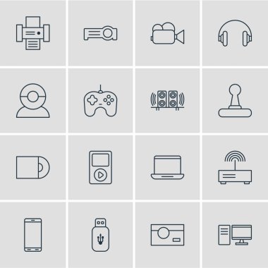 16 aygıt simgeleri çizgi stili vektör Illustration. Birden parlamak götürmek, oyun çubuğu, yazıcı ve diğer simge öğeleri düzenlenebilir kümesi.
