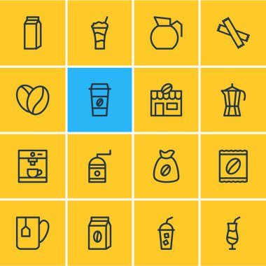 16 java simgeler çizgi stili vektör Illustration. Paketi, kokteyl, çay poşeti ve diğer simge öğeleri düzenlenebilir kümesi.