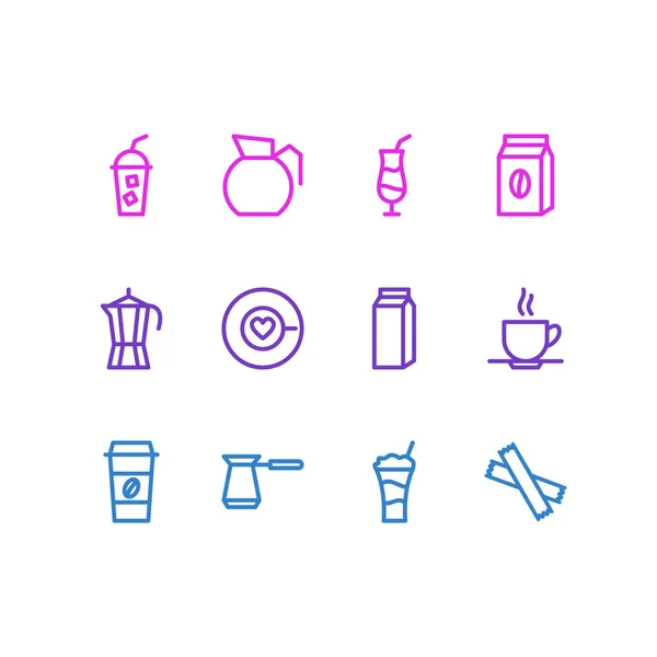 Illustration vectorielle de 12 icônes java style ligne. Ensemble modifiable de pot, cappuccino, cezve et autres éléments d'icône . — Image vectorielle