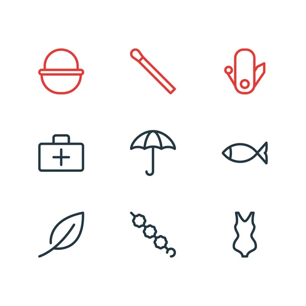 Illustrazione vettoriale di 9 icone campeggio stile linea. Set modificabile di fiammiferi, medicine, pesci e altri elementi iconici . — Vettoriale Stock