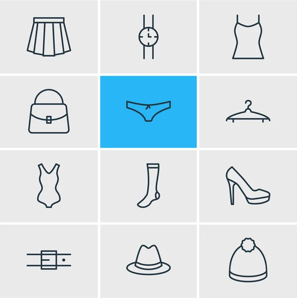 Illustration vectorielle de 12 icônes de vêtement style ligne. Ensemble modifiable de sous-vêtements, débardeur, panama et autres éléments d'icône . — Image vectorielle