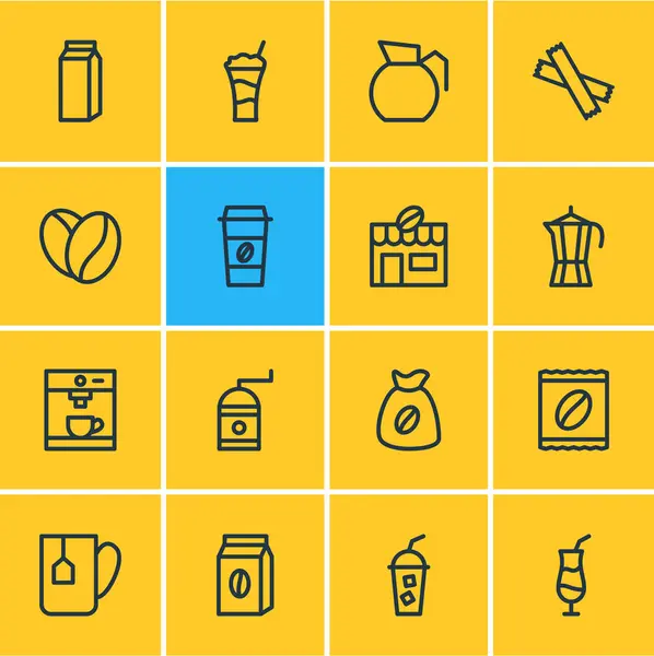 Illustration av 16 kaffe ikoner linjeformat. Redigerbara uppsättning pack, cocktail, tepåse och andra ikonen element. — Stockfoto