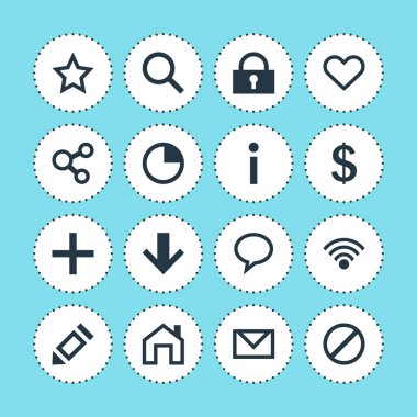 16 arabirim simgeler vektör Illustration. Yazma, ana sayfa, bilgi ve diğer simge öğeleri düzenlenebilir kümesi.