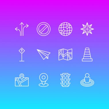 12 gezinti simgeler çizgi stili vektör Illustration. Koni, trafik ışığı, okuma işareti ve diğer simge öğeleri düzenlenebilir kümesi.