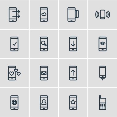 16 telefon simgeleri çizgi stili vektör Illustration. Arama, eski telefon, download ve diğer simge öğeleri düzenlenebilir seti.