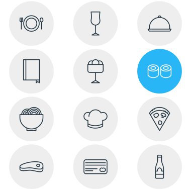 12 Restoran simgeler çizgi stili vektör Illustration. Şarap, erişte, dondurma ve diğer simge öğeleri düzenlenebilir kümesi.