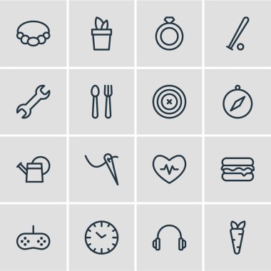 16 eğlence simgeler çizgi stili vektör Illustration. Burger, havuç, oyun kumandası ve diğer simge öğeleri düzenlenebilir kümesi.