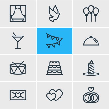 12 olayları simgeler çizgi stili vektör Illustration. Yemek, bayraklar, sahne ve diğer simge öğeleri düzenlenebilir kümesi.