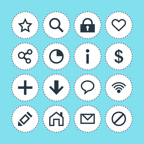 16 arabirim simgeler vektör Illustration. Yazma, ana sayfa, bilgi ve diğer simge öğeleri düzenlenebilir kümesi.