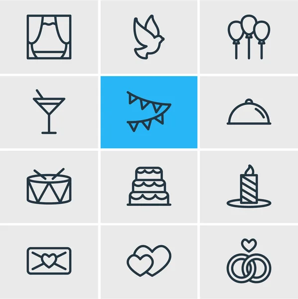 Ilustração vetorial de 12 eventos ícones estilo linha. Conjunto editável de refeição, bandeiras, cena e outros elementos de ícone . —  Vetores de Stock