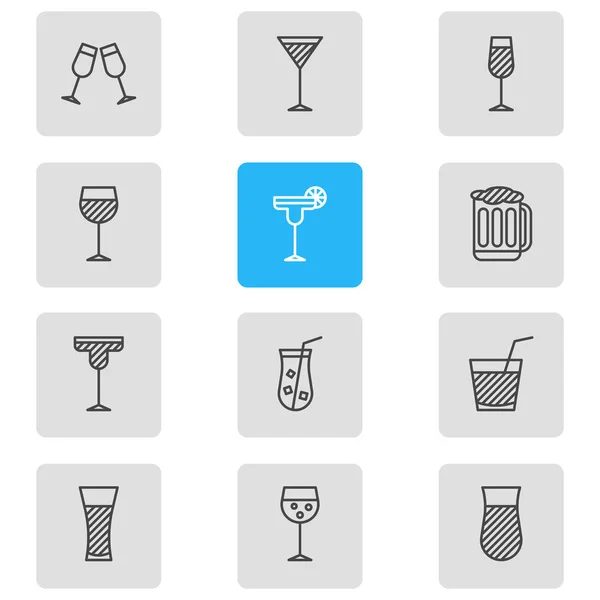 Vektor Illustration von 12 Drinks Symbole Linie Stil. Editierbares Set aus Kelch, Margarita, Weinglas und anderen Symbolelementen. — Stockvektor