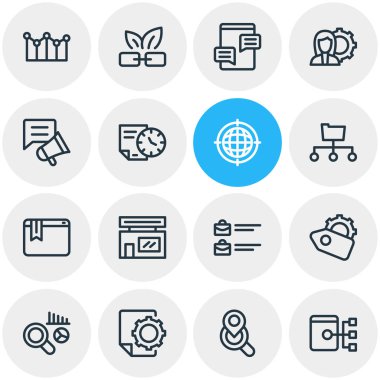 16 reklam simgesi çizgi tarzının vektör illüstrasyonu. Yerel işletmelerin düzenlenebilir kümesi, site haritası, Seo etiketi ve diğer simge ögeleri.