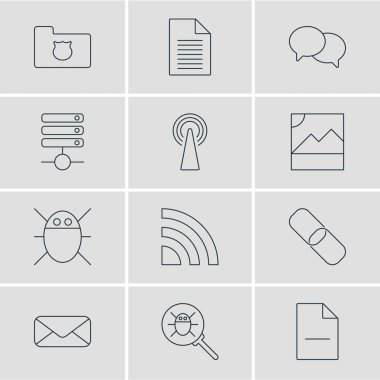 12 ağ simge çizgisi biçiminin vektör illüstrasyonu. Wi-Fi, sohbet, belge ve diğer simge ögelerinin düzenlenebilir kümesi.