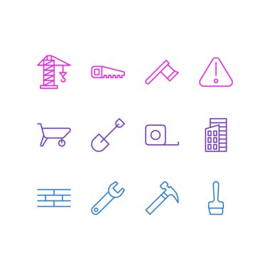 12 yapı simgesi çizgisi biçimi. Taşıyıcı, fırça, cetvel ve diğer simge ögelerinin düzenlenebilir kümesi.