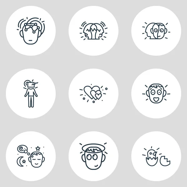 Illustration av 9 känslor ikoner linje stil. Redigerbar uppsättning av kärlek, förvånad, drömmar och andra ikoniska element. — Stockfoto