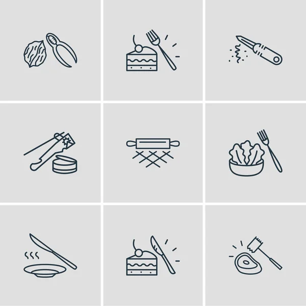 Ilustrace 9 ikon kuchyňského nádobí ve stylu čáry. Upravitelná sada nožů na loupání, louskáčku, válečku a dalších prvků ikon. — Stock fotografie